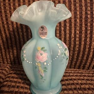 Fenton Blue and Pink Accent Vase with Delicate Floral Designs